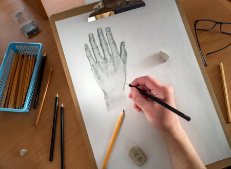 On the table are a drawing tablet with a sheet of paper, pencils, glasses and erasers. The human hand draws with a pencil on paper. Drawing training, lessons, hobbies.の写真素材