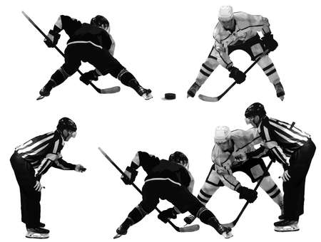 Ice hockey. The referee holds the puck in his hand. Hockey players prepared for the game. Figures of hockey players and referees isolated on white background. Illustration. Vector, eps10.のイラスト素材