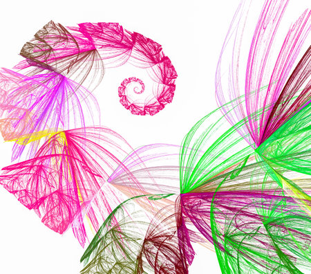 Bright colorful openwork spiral consists of many multi-colored thin lines on a white background....