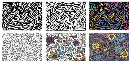 A set of abstract wavy textures for coloring. Anti stress. Set of abstract black and white and colored backgrounds. Illustration. Vectorのイラスト素材