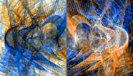 Set of abstract fractal backgrounds with blue, yellow and black waves, rays and specks. Two backgrounds in one. 3d rendering. 3d illustration.の写真素材