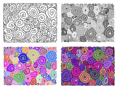 Abstract flowers similar to roses are drawn with a spiral line. Coloring. Antistress. A set of black and white, colored textures and backgrounds.のイラスト素材