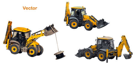 Universal tractor for earthmoving, handling, construction work with two buckets. Backhoe loader...