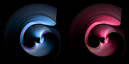 Blue and red, wavy and arched blades of abstract engines rotate on a black background. Set of graphic design elements.  symbol, sign, icon. 3d illustration. 3d rendering.の写真素材