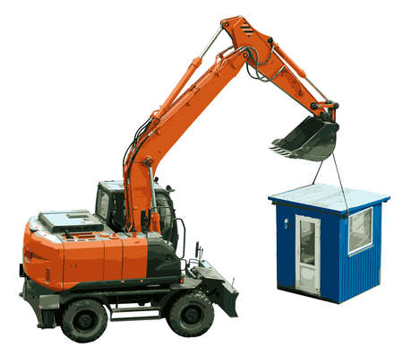 A wheeled excavator has lifted a small booth - a house and moves it to another location. Excavator...