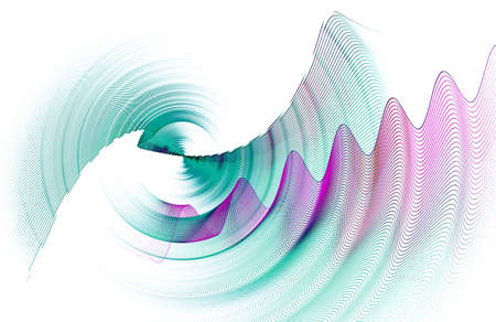 Turquoise and purple striped wavy planes rotate on a white background. Abstract fractal background. Graphic design element. Logo, symbol, sign, icon. 3d rendering. 3d illustration.の写真素材