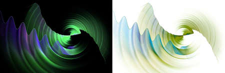 Green and blue wavy striped elements are layered and revolve around the center on white and black...