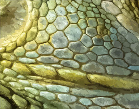 Embossed skin texture on the head of a green iguana. Abstract background. Close-up. Vector.のイラスト素材