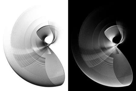 Monochrome wavy striped planes revolve around the center on white and black backgrounds. Graphic design elements set. Logo, sign, symbol, icon. 3d rendering. 3d illustration.の写真素材