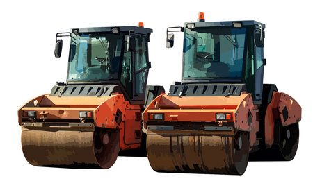 Two road rollers are parallel to each other. Steamrollers for asphalting roads isolated on white background. Vector. Illustration. 3d.のイラスト素材