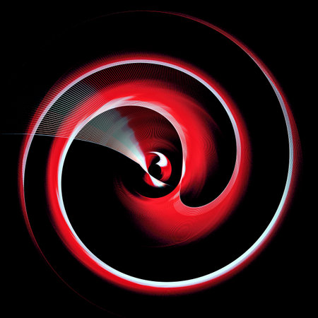 Red striped spiral rotating elements on a black background. Graphic design element for logo, icon, sign. 3d rendering. 3d illustration.の写真素材
