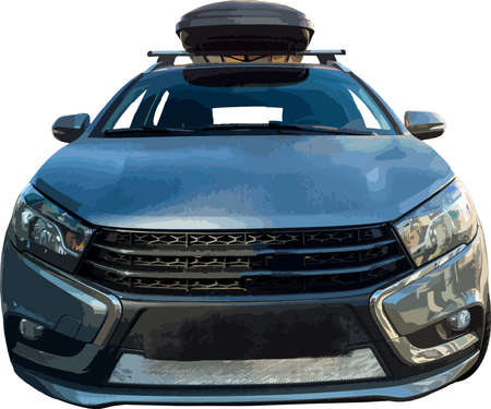 Blue new passenger car with roof rack. Front view. Vector illustration.のイラスト素材