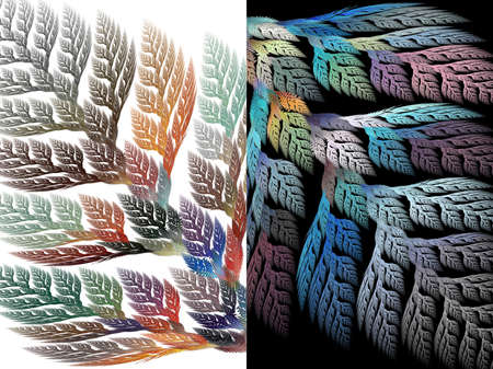 Knitted or embroidered colorful plants with leaves on a white and black backgrounds. Two abstract fractal backgrounds in one. 3d rendering. 3d illustration.の写真素材