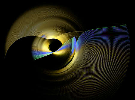 Wavy and zigzag striped yellow and blue elements rotate on a black background. Graphic design...