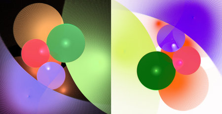 Bright colorful spheres on a black and white backgrounds. Set of festive backgrounds. Two abstract fractal backgrounds in one. 3d rendering. 3d illustration.の写真素材