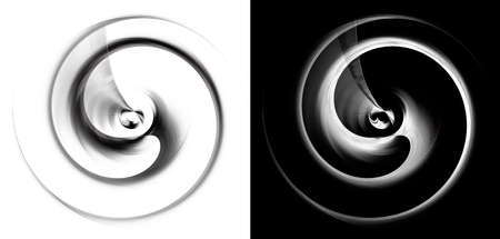 The blades of an abstract propeller are twisted in a spiral. A set of monochromatic graphic design elements on black and white backgrounds. Icon, logo, symbol, sign. 3d rendering. 3d illustration.の写真素材