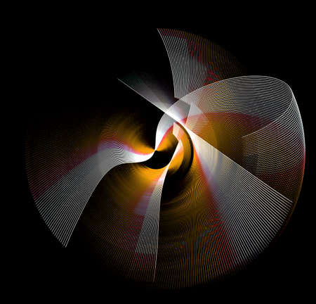 Orange, white, striped, curved and wavy elements intersect and rotate on a black background. Graphic...