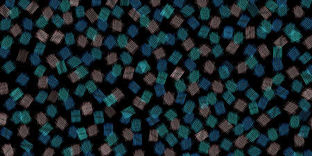 Blue, turquoise and white small groups of intersecting stripes are scattered across a black...