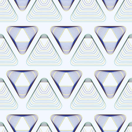 Seamless background with triangles. Triangles of blue and yellow stripes are arranged in rows on a...