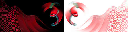 Red wavy lines radiate from rotating elements on white and black backgrounds. Two abstract fractal backgrounds in one. 3d rendering, 3d illustration.の写真素材