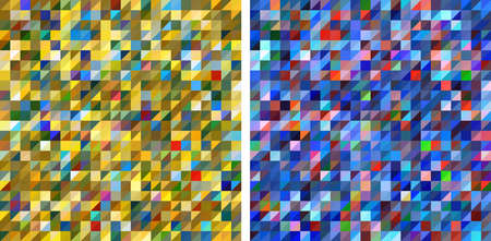 Set of mosaic abstract colorful backgrounds. Small squares are divided into multi-colored triangles. vector illustration.のイラスト素材