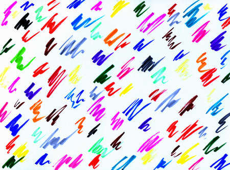 Doodles are drawn with felt-tip pens on a white background. Abstract background with colored zigzag...