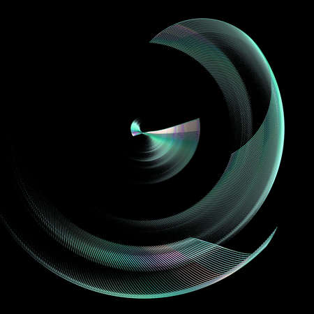 The green arc-shaped blades of the abstract propeller are arranged in layers and rotate on a black background. Icon, logo, symbol sign. 3d rendering. 3d illustration.の写真素材