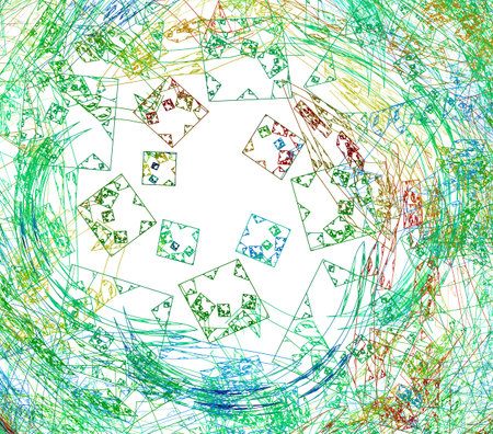 Multi colored doodles of geometric shapes and arc-shaped lines on a white background. abstract fractal background. 3d rendering. 3d illustration.の写真素材