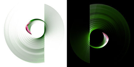 Green wavy abstract blades with pink accents rotate on black and white backgrounds. Set of graphic design elements. Icon, logo, symbol, sign. 3D rendering. 3D illustration.の写真素材