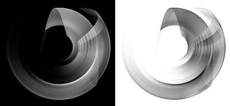 Monochrome arcuate abstract blades are arranged in layers and rotate on black and white backgrounds. Set of graphic design elements. Icon, logo, symbol, sign. 3D rendering. 3D illustration.の写真素材