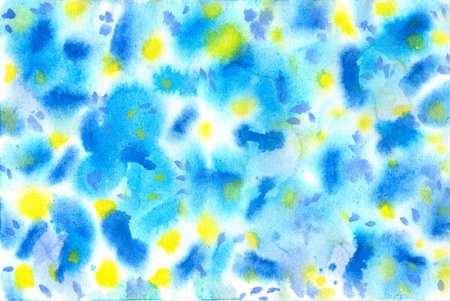Blue and yellow watercolor blurs on a white background. Delicate abstract watercolor background. Illustration.の写真素材