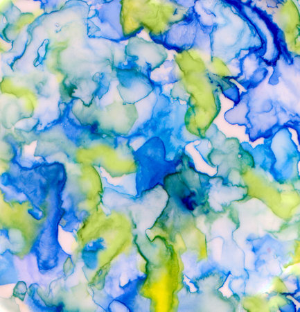 Blue, yellow and green watercolor stains on a light background. Abstract watercolor background. Illustration.の写真素材