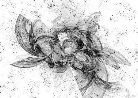 Monochrome openwork abstract flowers on a white background. Abstract elegant fractal background. 3D rendering. 3D illustration.の写真素材