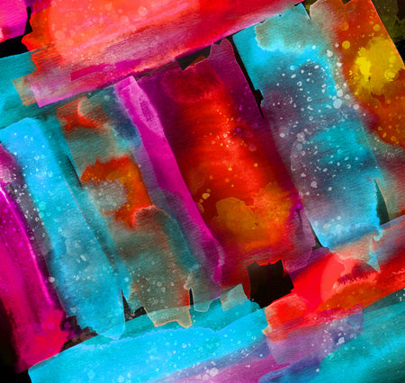 Watercolor abstract vintage background. Watercolor colorful wide lines are located side by side on a black background. Light splashes on watercolors. Illustration.の写真素材