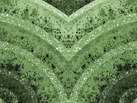 Abstract pattern of parallel intersecting arcs, spots and strokes on a green background....