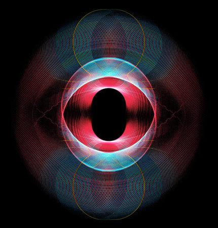 Abstract colorful inflated circle with thin line patterns and a hole in the center on a black...