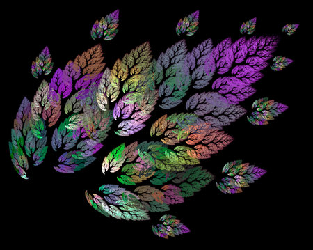 Colorful abstract illuminated twig on a black background with dense foliage and small branches on the sides. Icon, logo, symbol, sign. 3D rendering. 3D illustration.の写真素材