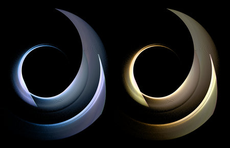 Blue and yellow abstract propellers with arc layered blades on a black background. Set. Icon, logo,...