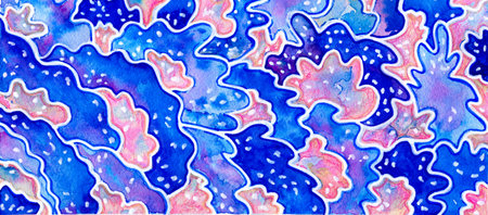 Abstract watercolor elegant background. Blue and pink wavy shapes with light dots are dynamically...
