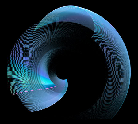Light blue abstract striped curved blades are arranged in layers on a black background. Icon, logo,...