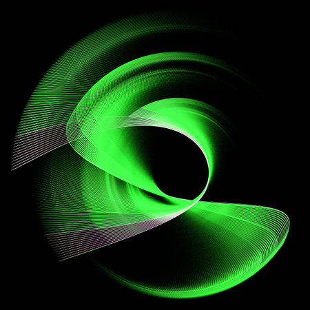 Abstract green striped propeller with wavy and arced blades on a black background. 3D rendering. 3D illustration.の写真素材