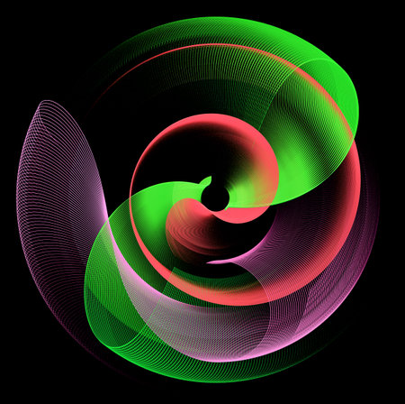 A colorful abstract propeller with gracefully curved blades spinning on a black background. 3D...