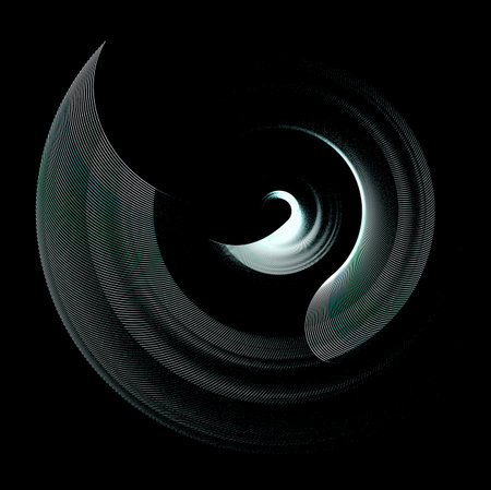 An abstract propeller with turquoise arc blades rotates on a black background. Icon, logo, symbol, sign. 3D rendering. 3D illustrationの写真素材
