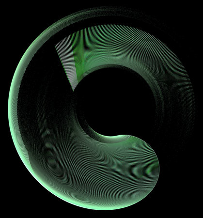 Green abstract striped arched blades create a frame on a black background. Icon, logo, symbol, sign. 3D rendering. 3D illustration.の写真素材