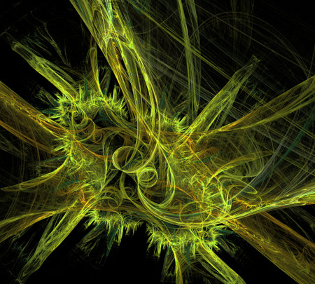 Abstract dynamic fractal background with yellow swirling lines on a black background. 3D rendering. 3D illustration.の写真素材