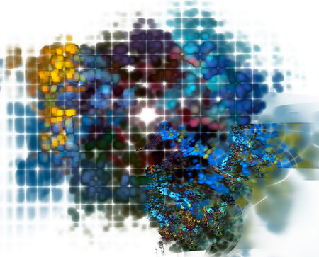 Abstract geometric colorful background filled with small colorful spots divided by a square grid. 3D rendering. 3D illustration.の写真素材