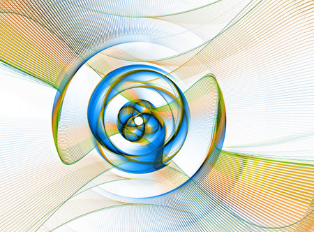 Abstract fractal dynamic striped background with blue and yellow arcs, waves and propeller. 3D...