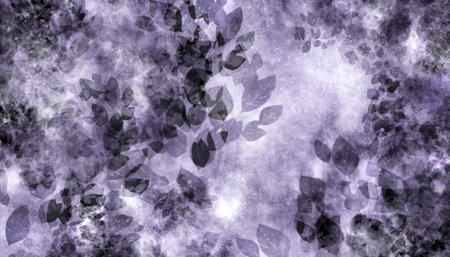 Abstract watercolor purple background with delicately arranged leaves. Space for your design. Illustration.の写真素材