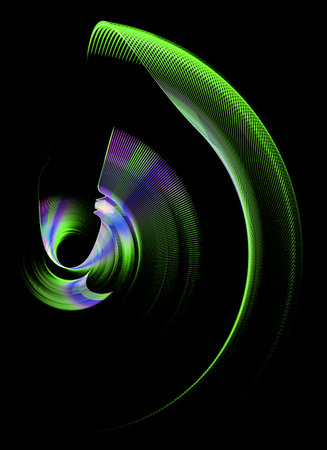 Green striped abstract propeller, with blue and purple accents on the blades, on a black background....
