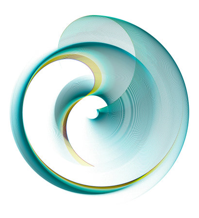 Abstract turquoise, with a gold border, propeller, with spiral striped blades, rotated on a white...